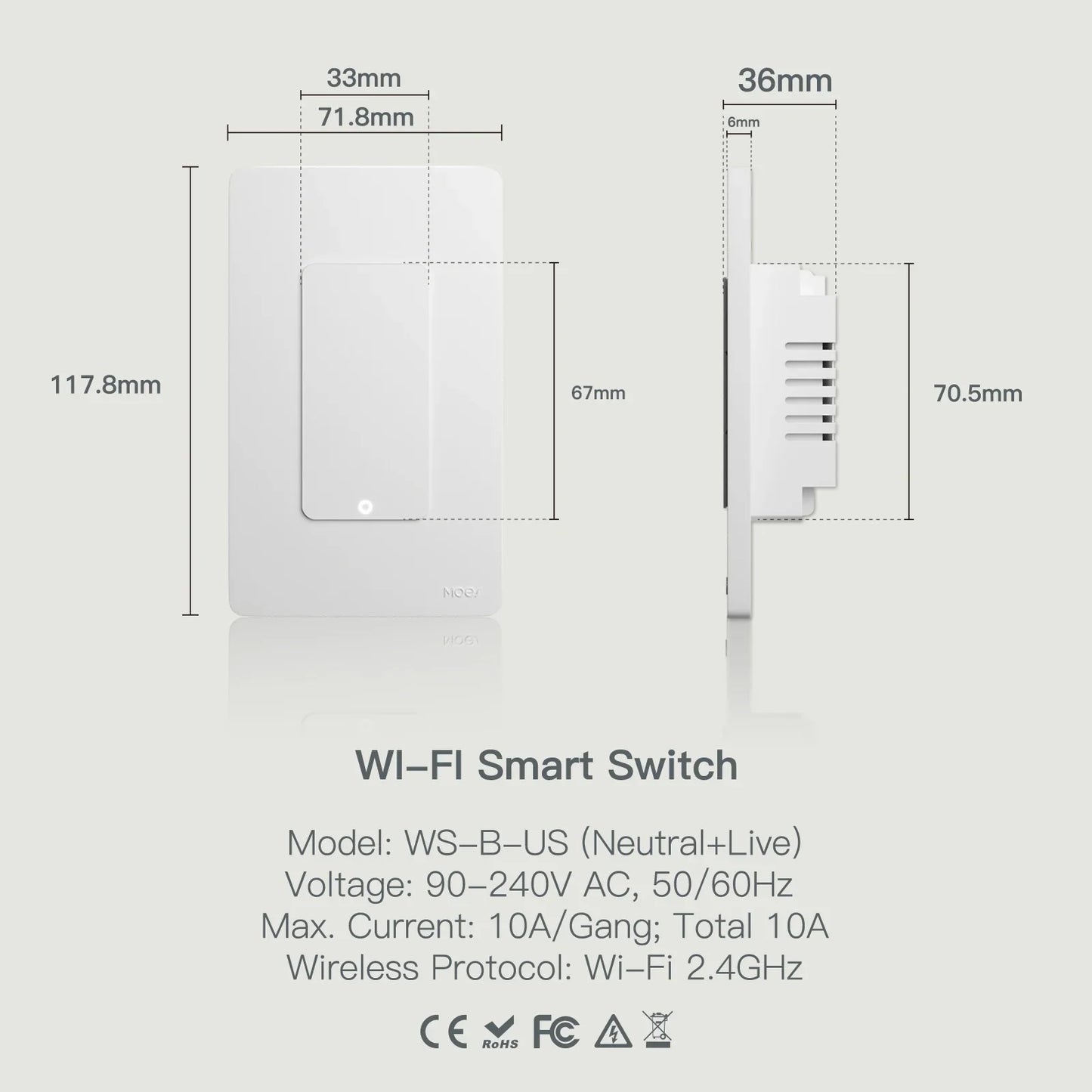 MOES Tuya Wi-Fi Smart Light Switch – US Single Pole Push Button Wall Switch, Alexa & Google Home Compatible, Neutral Wire Required