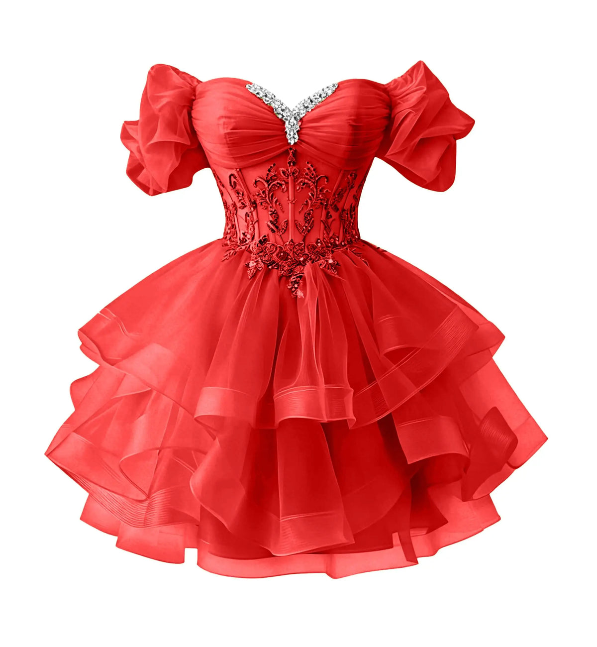 Beaded Lace Homecoming Dress - Short Tiered Tulle Sequin Prom & Quinceañera Gown