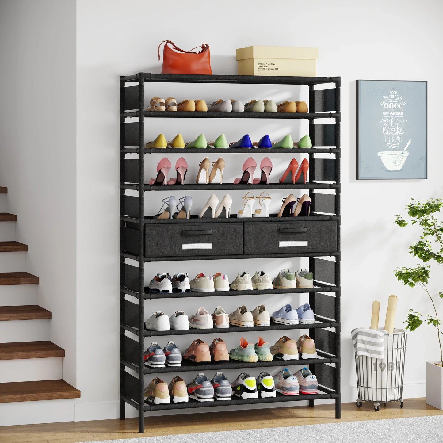 Tribesigns 10-Tier Shoe Rack Organizer – Vertical Shoe Shelf with 4 Drawer Bins, Holds 32 Pairs for Closet & Entryway
