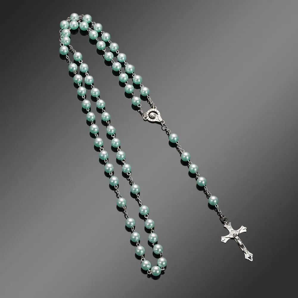 Vintage Cross Rosary Necklace – Fashion Beaded Chain with Jesus Crucifix & Virgin Mary Pendant Religious Jewelry for Men & Women