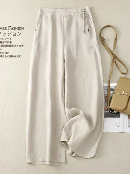 Women’s High Waist Ankle Length Pants – Loose Casual Elegant Yellow Cotton Linen Wide Leg Straight Summer Trousers