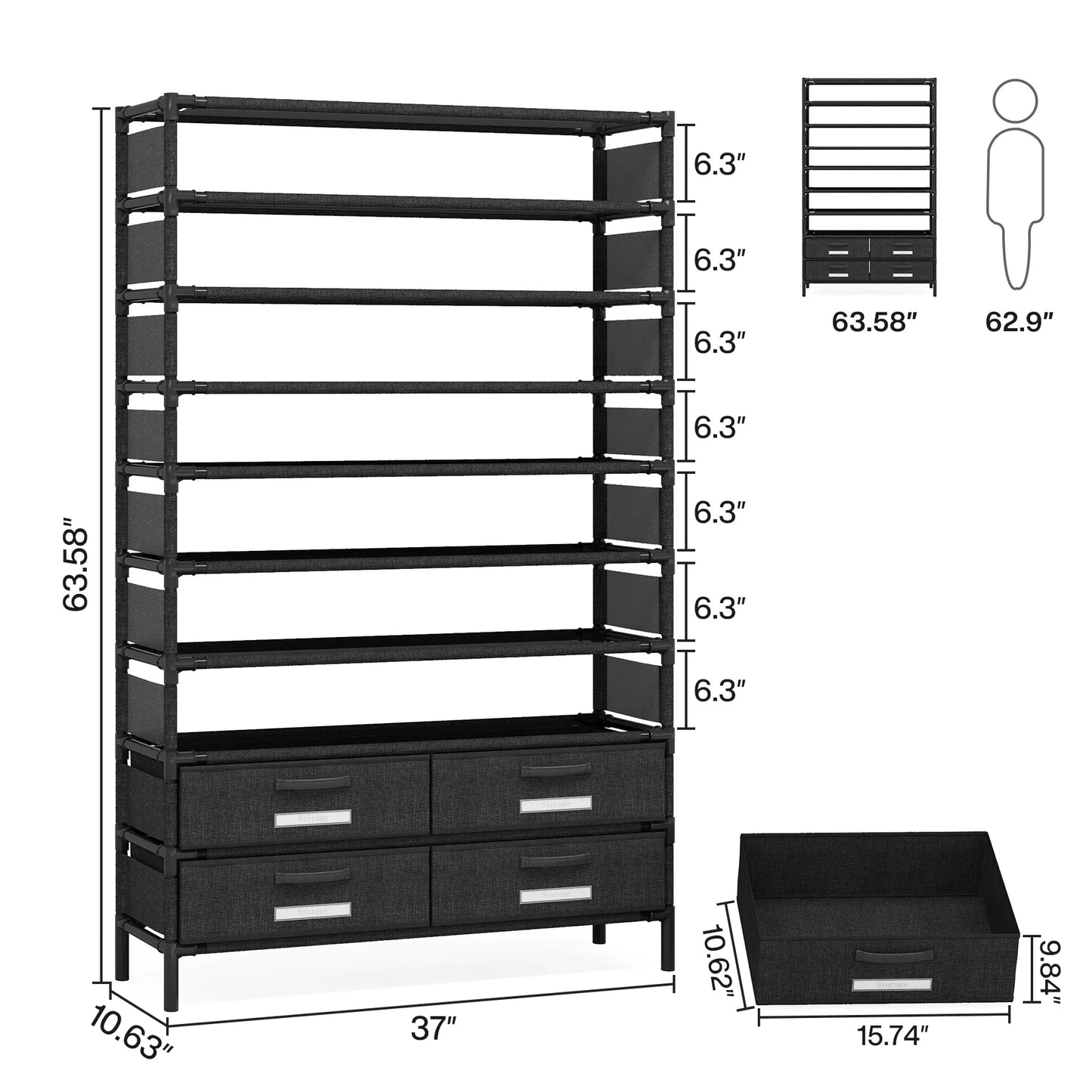 Tribesigns 10-Tier Shoe Rack Organizer – Vertical Shoe Shelf with 4 Drawer Bins, Holds 32 Pairs for Closet & Entryway