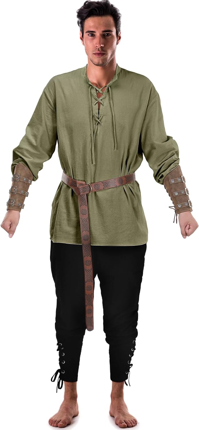 Jiuguva 4-Pcs Halloween Men's Renaissance Costume Set – Medieval Pirate Shirt, Ankle Banded Pants & Viking Belt Accessories