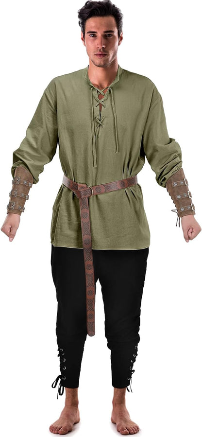 Jiuguva 4-Pcs Halloween Men's Renaissance Costume Set – Medieval Pirate Shirt, Ankle Banded Pants & Viking Belt Accessories