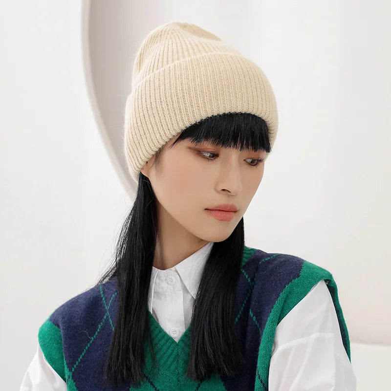 Women's Winter Hat - Fashion Warm Beanie Made of Real Rabbit Fur, Solid Adult Cap for Cold Weather