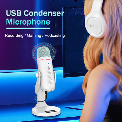 Haomuren Professional USB Condenser Microphone – White Studio Recording Mic for PC, Phone & Streaming