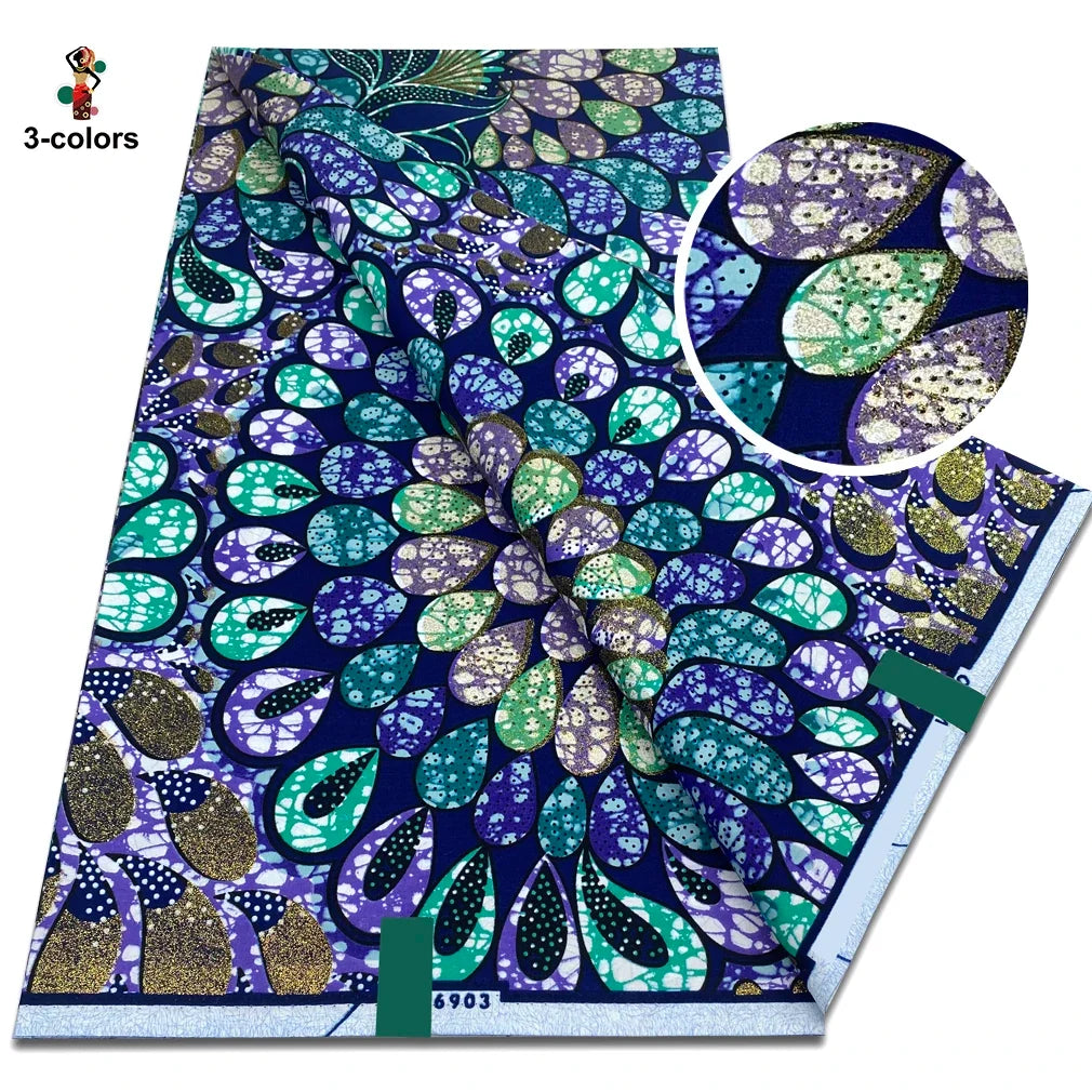 African Glitter Glam Wax Fabric - 100% Cotton Golden Ankara Print 6 Yards