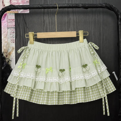 Japanese Kawaii Polka Dot Skirt - Y2K Bow Print Mini Skirt with Puffy Lolita Style