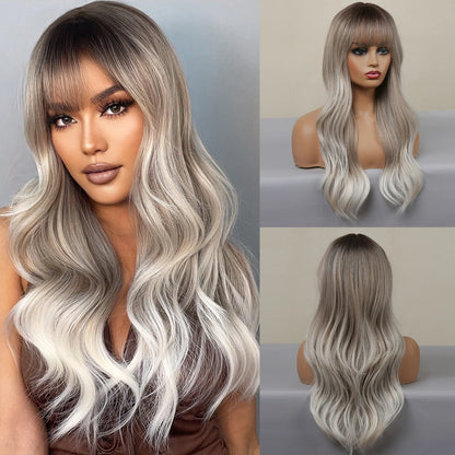 GEMMA Ombre Brown Blonde Synthetic Wig with Bangs – Long Straight Cosplay Wig for Women, High-Temperature Fiber