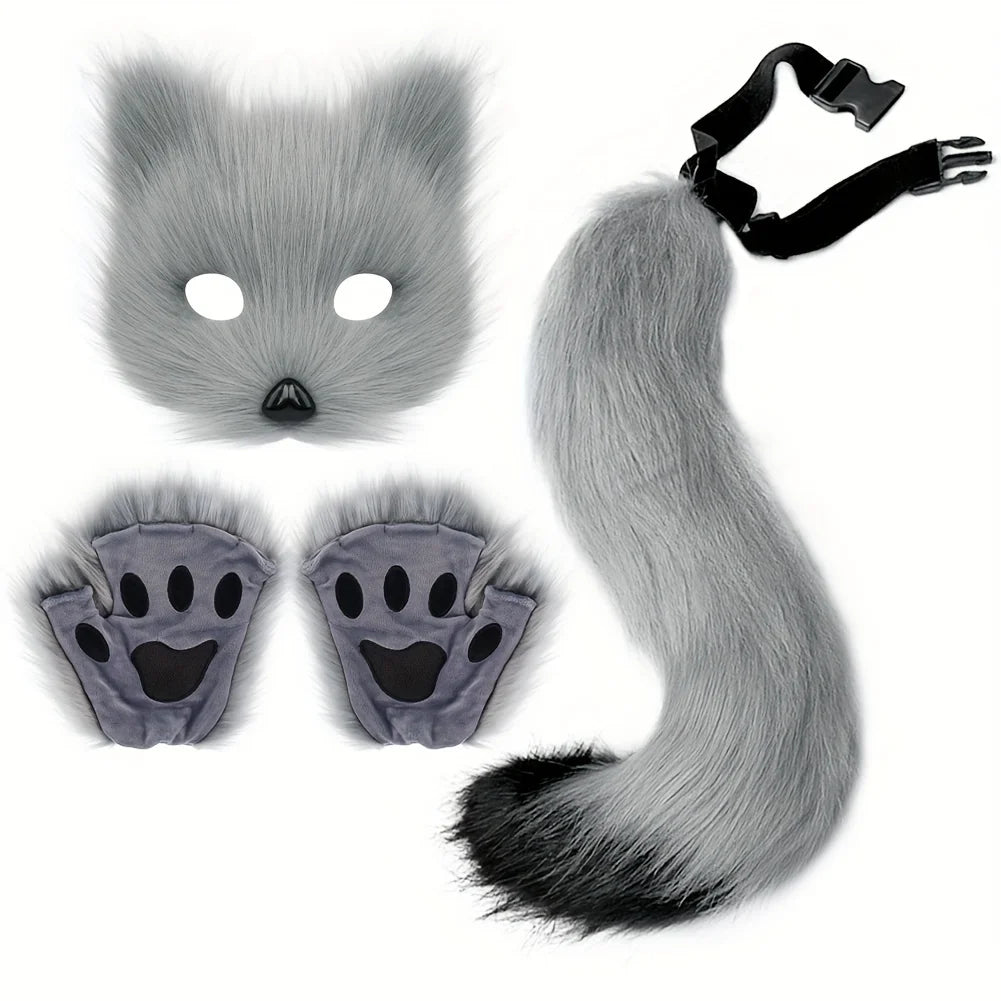 5pcs Fluffy Fur Fox Tail & Cat Paws Gloves Set — Wolf Mask Halloween Cosplay Costume Accessories for Theme Party Dress-Up
