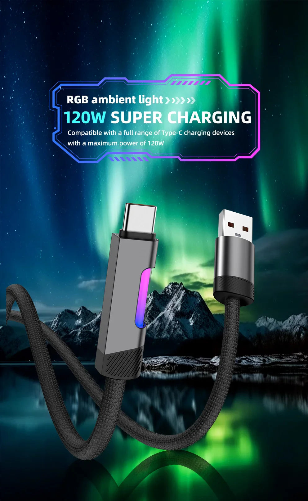 RGB Fast Charging Cable 120W 6A – USB Type-C Charge Cord with Ambient RGB Light