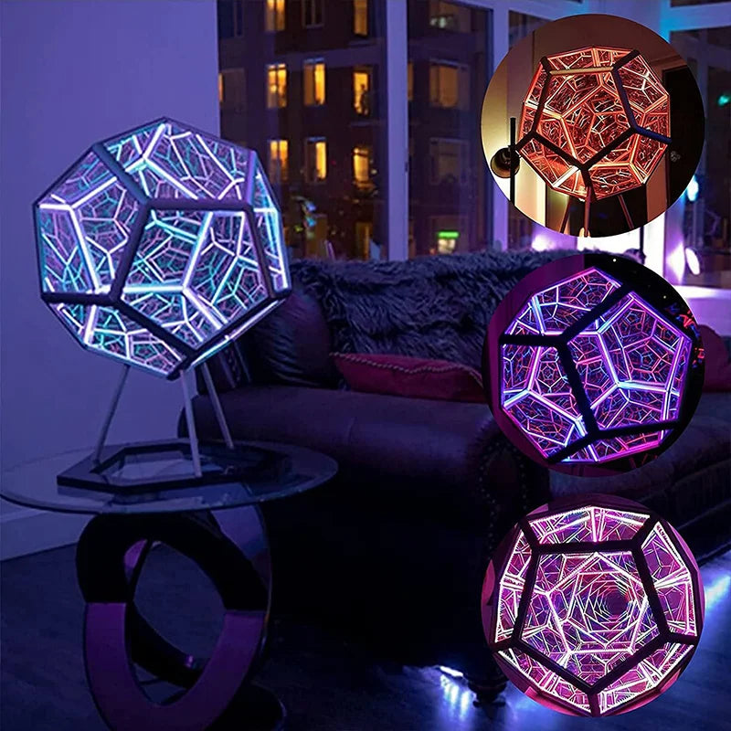 Dreamy Geometric Space LED Night Light Infinity Dodecahedron Mirror Art Lamp with Stand – Creative Color Changing Decor Gift for Christmas & Birthday