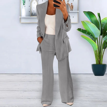 Women's 2 Piece Blazer Pant Set - Casual Single Button Jacket & High Waist Wide Leg Workwear Suit