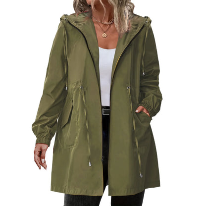 Women’s Hooded Trench Coat - Long Sleeve Mid-Length Windbreaker for Spring & Autumn
