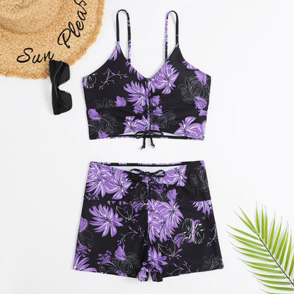 2025 Women’s High Waist Floral Bikini – Push-Up Swimsuit with Printed Boxers, Swim Trunks & Bathing Suit