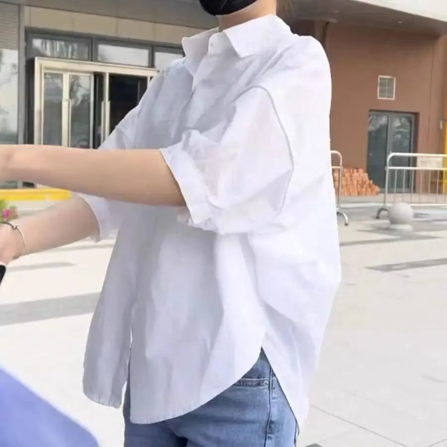 2025 Women’s Cotton Mid-Sleeve Loose Blouse – Casual Irregular Summer Shirt Korean Fashion