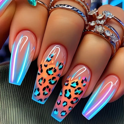 24pcs Blue Golden Stripe Press-On Nails Shiny Powder Long Square Full Cover False Nail Tips Wearable Love Design