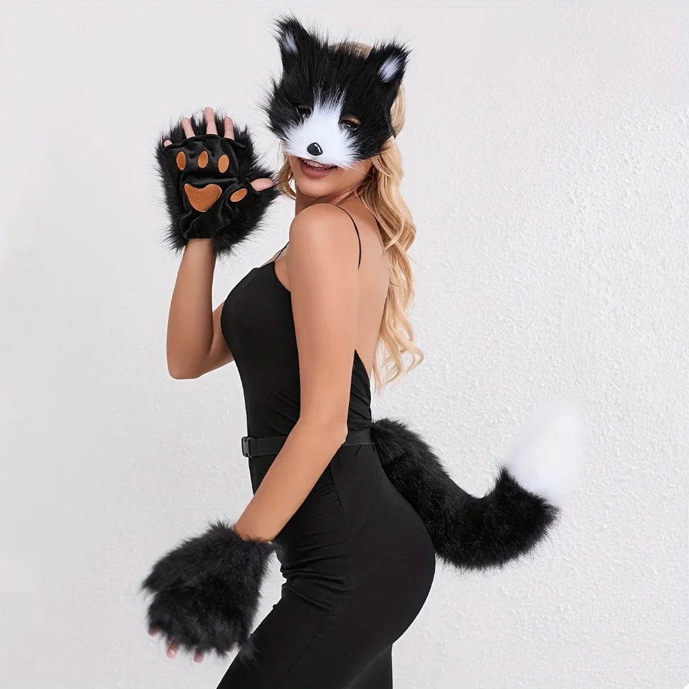 5pcs Fluffy Fur Fox Tail & Cat Paws Gloves Set — Wolf Mask Halloween Cosplay Costume Accessories for Theme Party Dress-Up