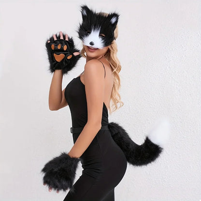 5pcs Fluffy Fur Fox Tail & Cat Paws Gloves Set — Wolf Mask Halloween Cosplay Costume Accessories for Theme Party Dress-Up