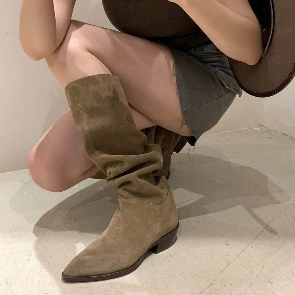 2025 Women's Knee-High Suede Boots – Retro Pointed Toe, Square Heel Slip-On