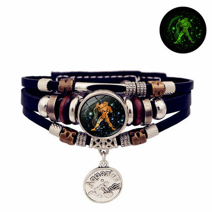 Luminous 12 Constellation Vintage Bracelet - Braided Punk Leather Glow-in-the-Dark for Men & Women, Birthday Gift