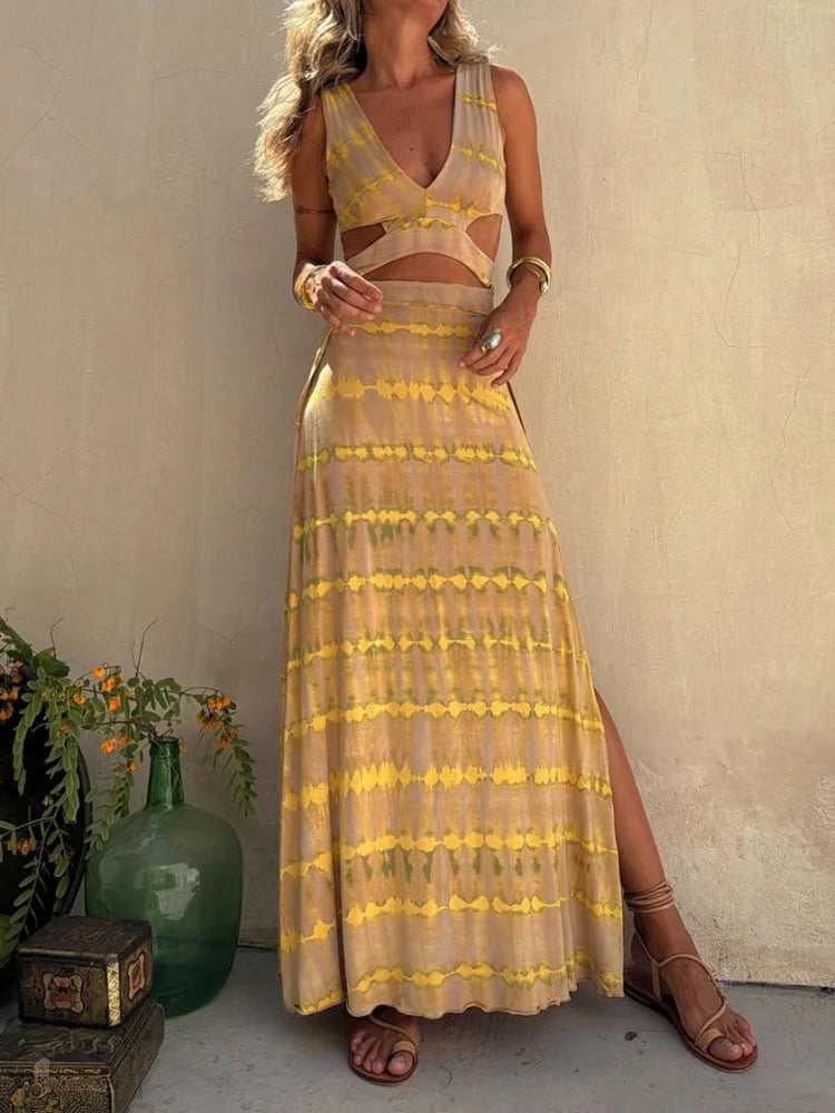 Women’s Sleeveless Summer Maxi Dress – Elegant V-Neck Hollow-Out Patchwork Party Dress, Simple Chic Fashion Print