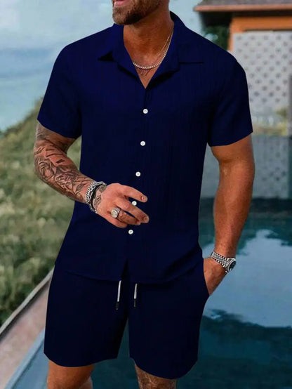 Men's Striped Jacquard Beach Shirt & Shorts Set — Spring Summer Casual Loose Fit, Europe & US Style