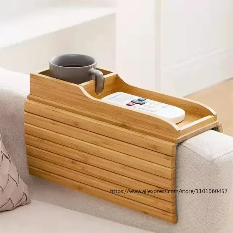 Foldable Bamboo Couch Cup Holder – Anti-Slip Multifunctional Sofa Armrest Tray for Cups & Remote Control
