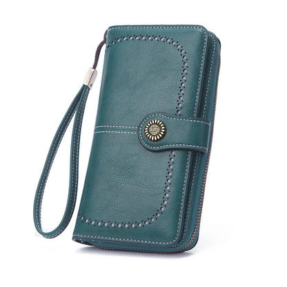 Vintage Large Capacity Women's Purse – Monochromatic Multi-Card Long Wallet with Zipper & Wrist Strap