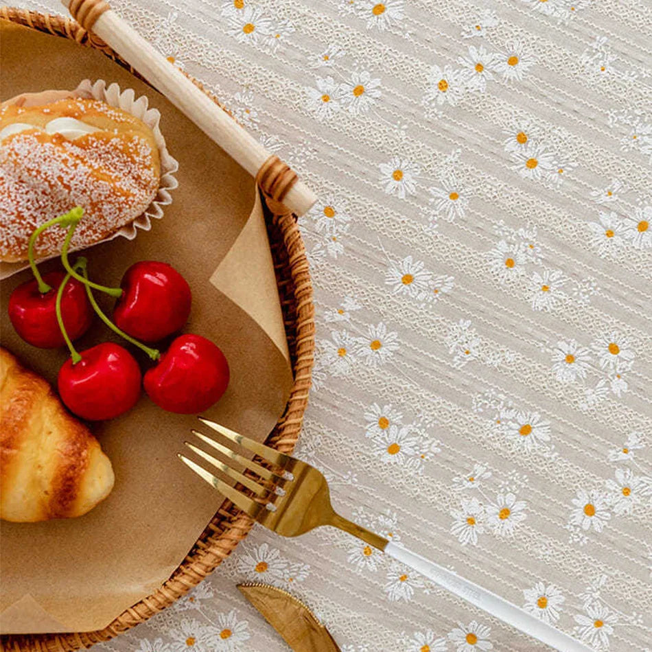 Charming Korean Style Small Daisy Cotton Tablecloth - Elegant Floral Rectangle Cover for Tea Tables, Kitchen, Wedding, and Dining Room Decor