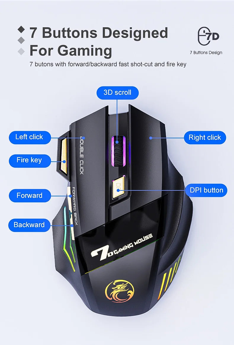 IMICE GW-X7 Wireless Gaming Mouse | 3200DPI, Dual Mode, Rechargeable, 7 Keys, Silent, Bluetooth, 7-Color LED