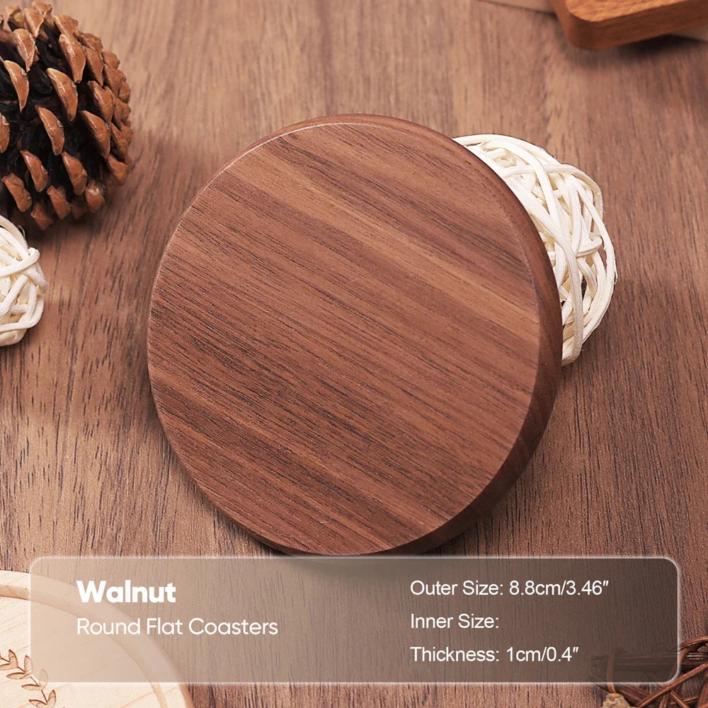 Solid Walnut & Beech Wood Coaster — Durable Heat-Resistant Round & Square Cup Mat, 8.8cm Tea & Coffee Placemat