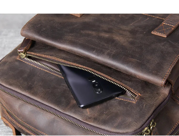 Vintage Crazy Horse Leather Backpack for Men — 17" Laptop Travel Rucksack Cowhide Hiking Bag M815