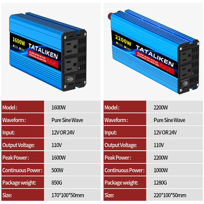12V/24V to 110V AC Pure Sine Wave Power Inverter — 4000W/16000W 60Hz Converter with LED & US Socket for Car & Solar