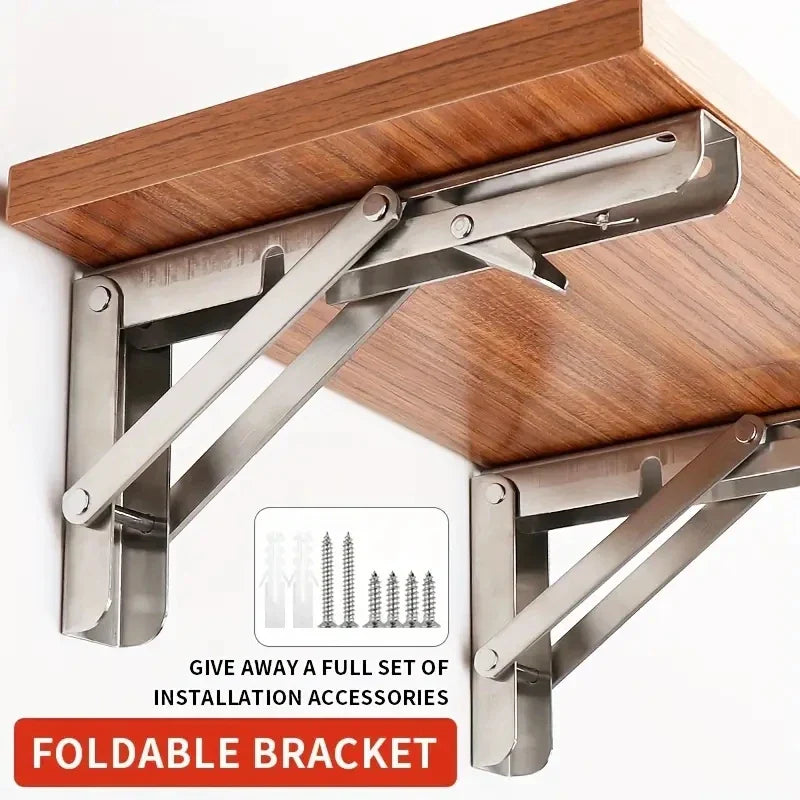 2pcs Heavy Duty Stainless Steel Folding Shelf Brackets | Collapsible Wall-Mounted L-Table Hinges for Bench & Table with Screws