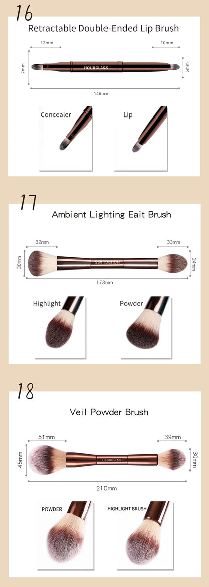 Hourglass Retractable Makeup Brush Set – Professional Eyeshadow, Foundation, Concealer, Powder, Bronzer, Blusher & Eyeliner Brushes