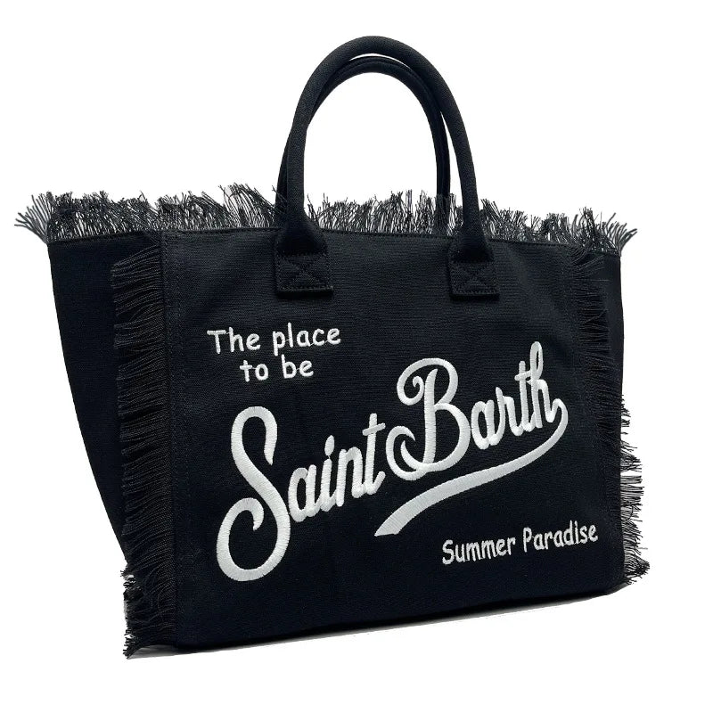 Saint Barth Large Capacity Women's Beach Handbag – European & American Style, Deep Blue Striped Tassel Tote