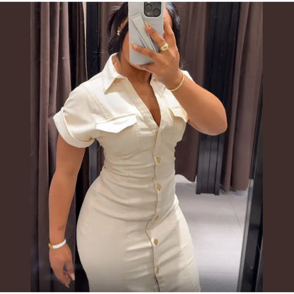 Women’s Chic White Denim Dress – Casual Lapel Long Slim Maxi, Single-Breasted Short Sleeve Summer Dress