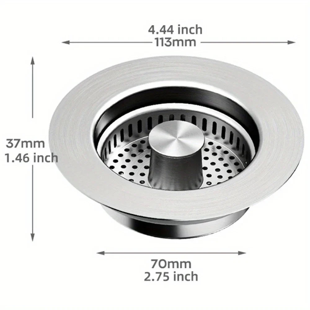 3-in-1 Stainless Steel Kitchen Sink Strainer - Pop-Up Drain Stopper with Anti-Clogging Basket & Odor Filter