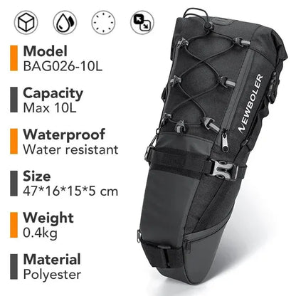 NEWBOLER Waterproof Bike Saddle Bag – 10L Large Capacity Foldable Rear Tail Bag for MTB, Road & Bikepacking