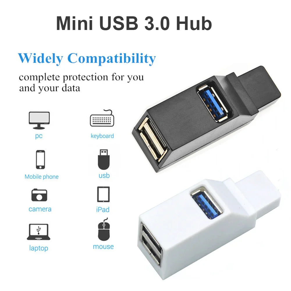 USB 3.0 Hub Adapter Extender - 1 to 3 Ports, High-Speed USB 2.0 Splitter for PC, Laptop, U Disk, Card Reader