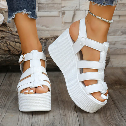 Women’s Summer Ankle Buckle Wedge Sandals – Patchwork Platform Breathable Non-Slip Soft Sole Gladiator Shoes
