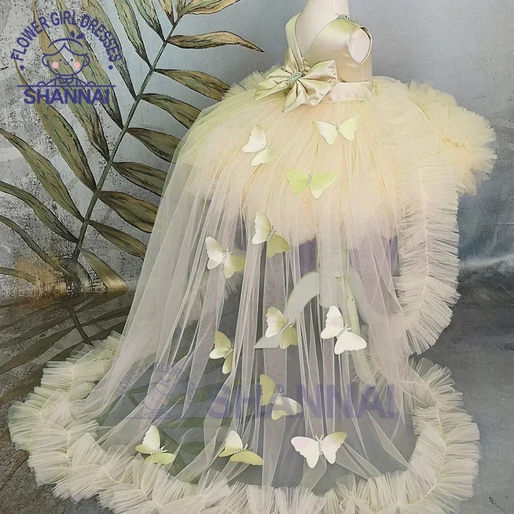 Pink Flower Girl Dress with Train - Puffy Bow Birthday and First Communion Dress