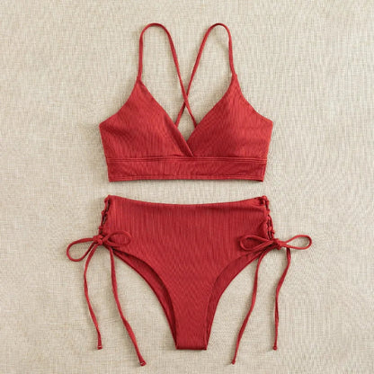 Cikini V-Neck Split Bikini Set – Sexy Lace-Up Triangular Solid Color Swimwear for Women