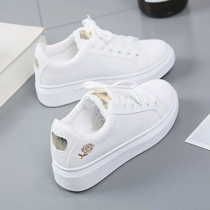 Women’s White Embroidered Sneakers - Breathable PU Leather Casual Lace-Up Shoes
