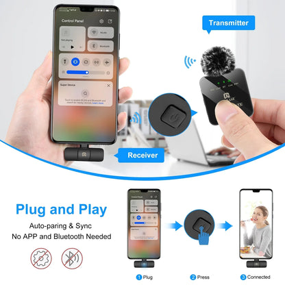 PULUZ Wireless Lavalier Microphone – Dual Mics with 8-Pin & Type-C Receiver for iPhone, iPad, & Android