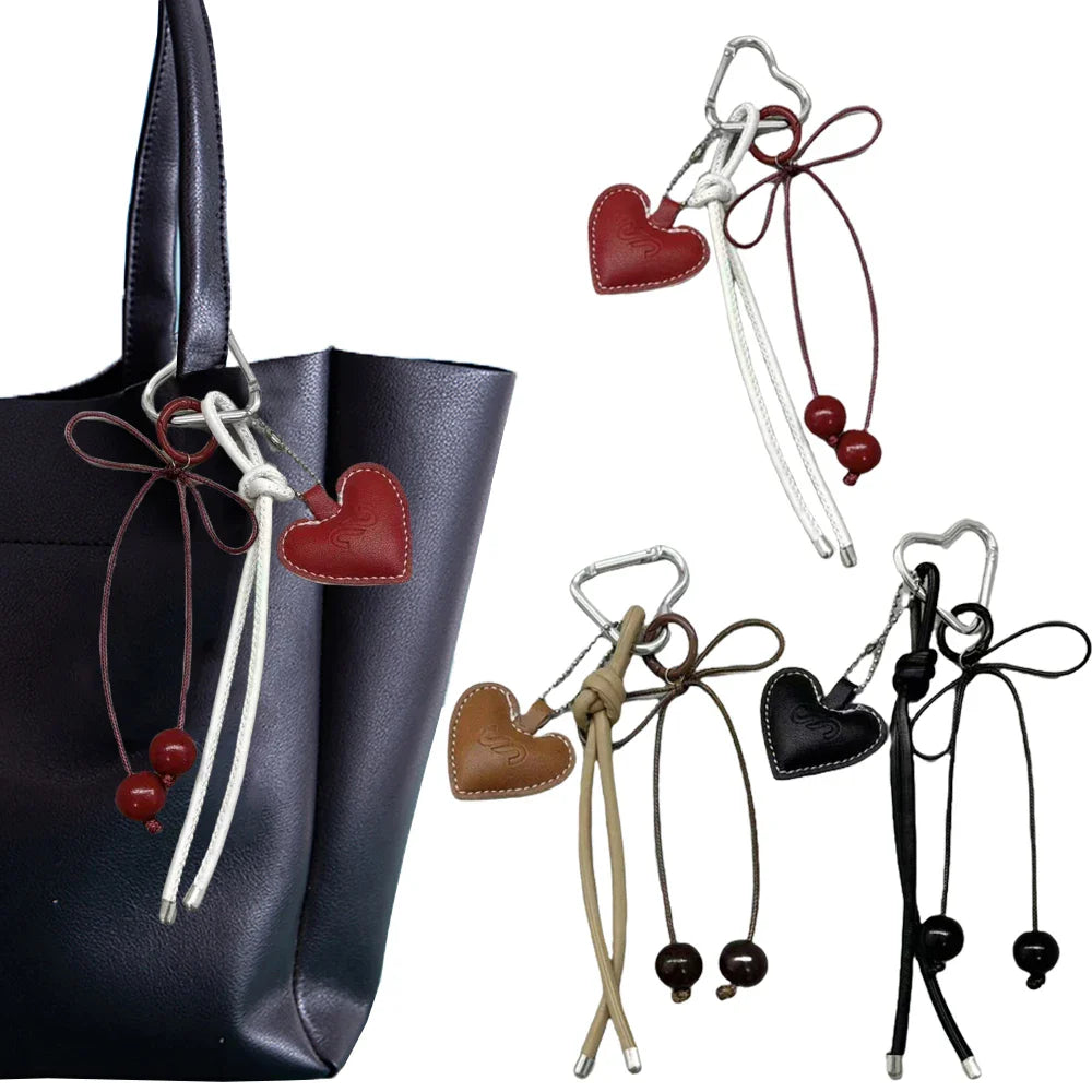 Y2K Leather Rope Keychain with Cherry Bow – Cute 3D Heart Bag Pendant Cartoon Keyring & Anti-Lost Phone Lanyard