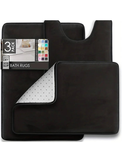 3PC Velvet Memory Foam Bathroom Rug Set - Ultra Soft, Non-Slip, Quick-Dry Machine Washable Bath Mats