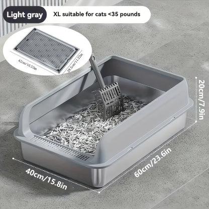 KEMORELA Extra Large Stainless Steel Cat Litter Box with Lid – Enclosed, High-Sided, Leak-Proof Litter Pan with Cat Litter Mat