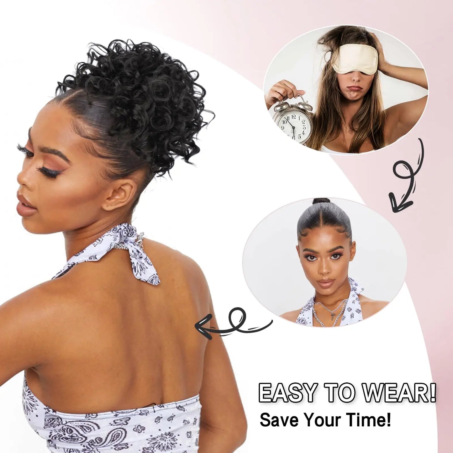 Synthetic Messy Bun Hair Piece – 60g Elastic Drawstring Curly Wave Hair Bun Extension for Women (Dark Brown)